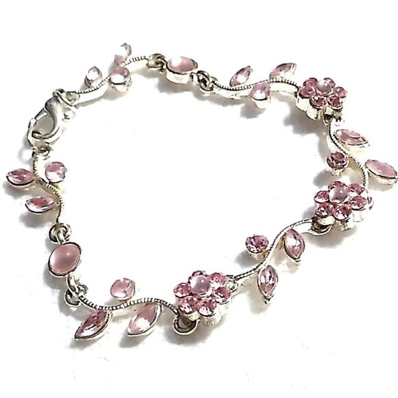 Dainty Pink Crystal Flower Vine Silver-tone Bracelet - Picture 1 of 12